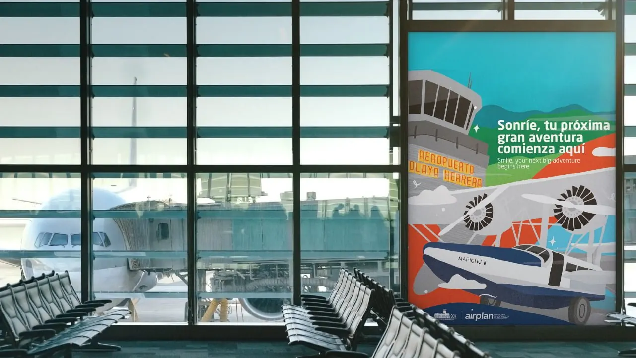 Gráfica de Airplan en los ventanales de la terminal