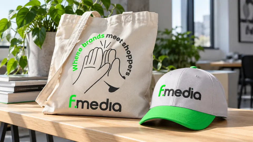 Bolsa de tela y gorra con la marca Fmedia y el mensaje «Where brands meet shoppers»