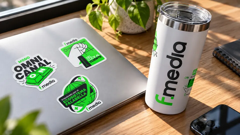 Stickers y termo con la marca Fmedia sobre un escritorio