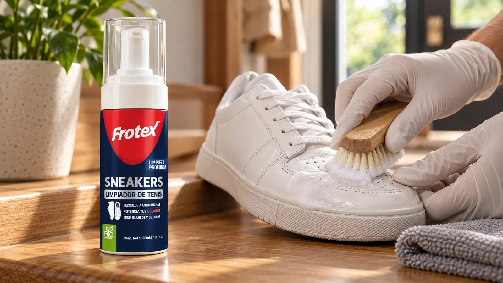 Limpiador de sneakers Frotex junto a un tenis blanco