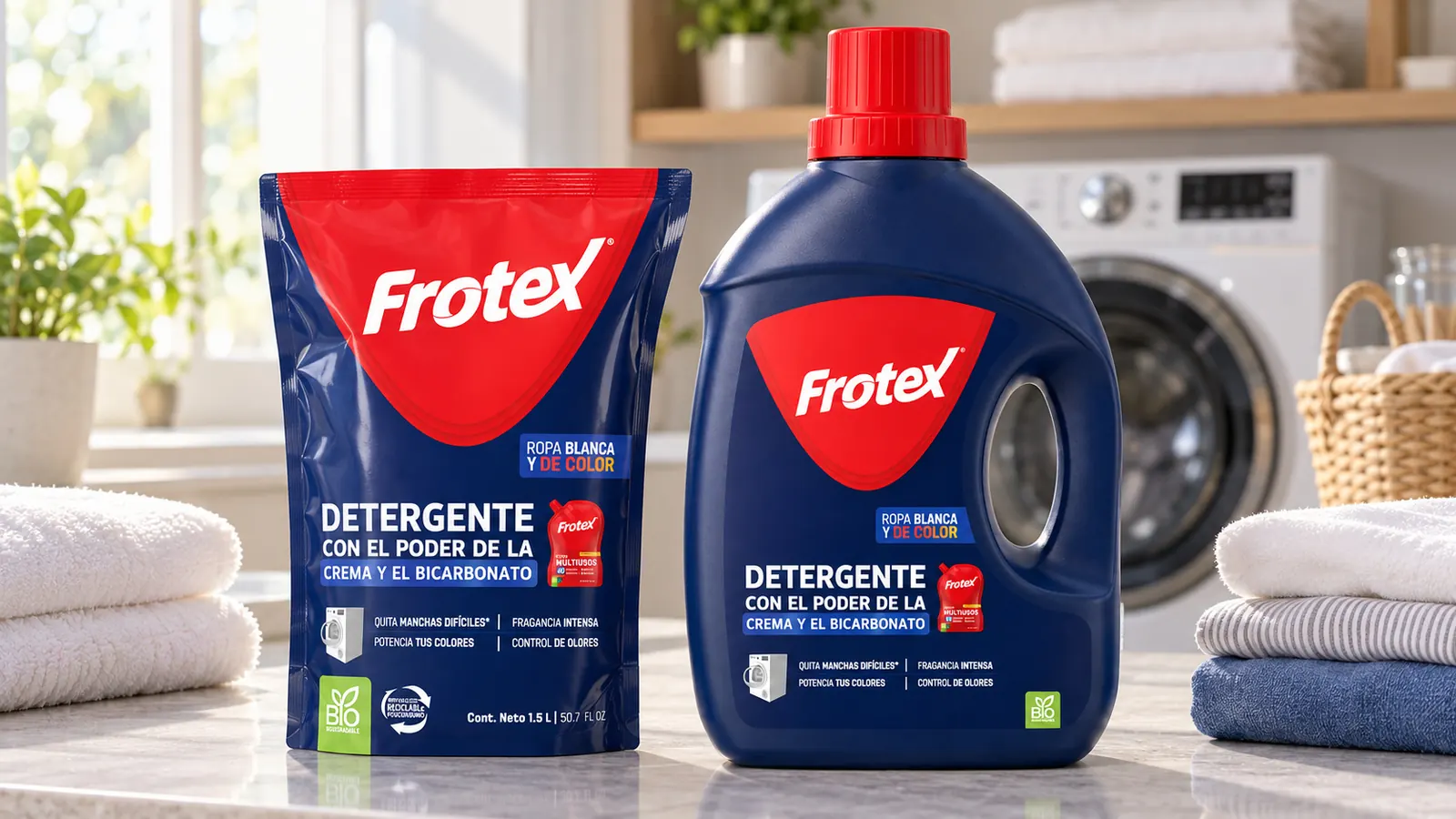 Detergente Frotex en bolsa y botella junto a ropa doblada