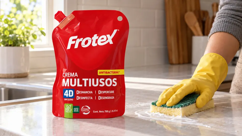 Crema multiusos Frotex en empaque rojo sobre un mesón de cocina