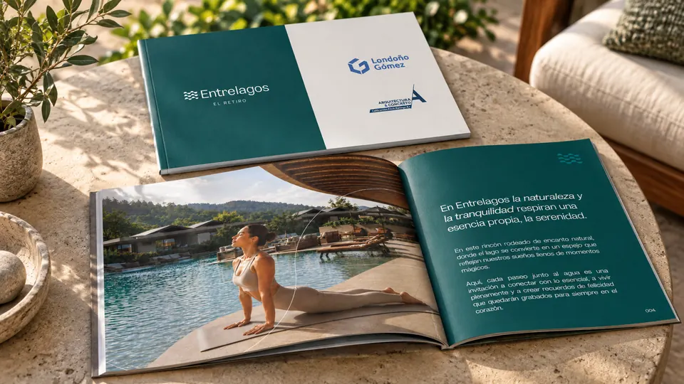 Brochure de Entrelagos abierto con una imagen de la piscina