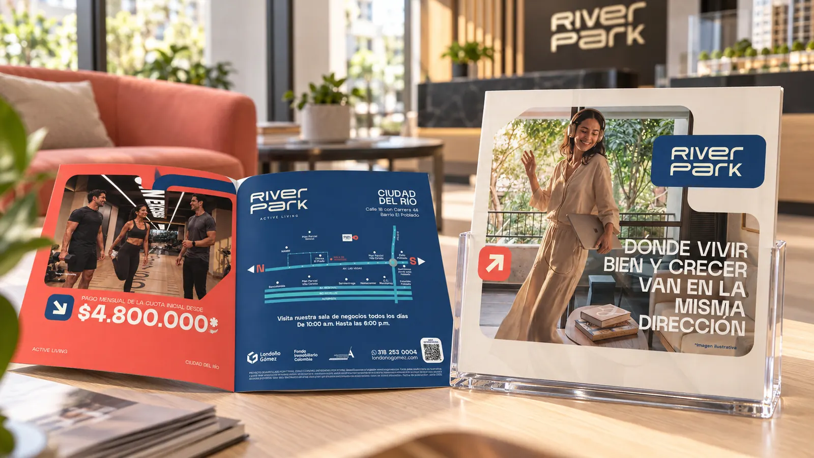 Brochure y display de River Park en una sala de ventas