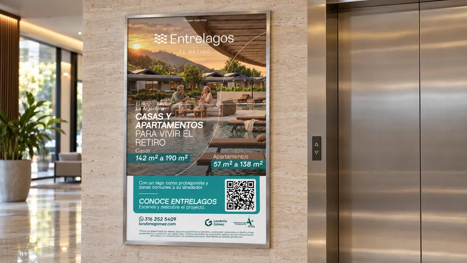 Afiche de Entrelagos junto a un ascensor