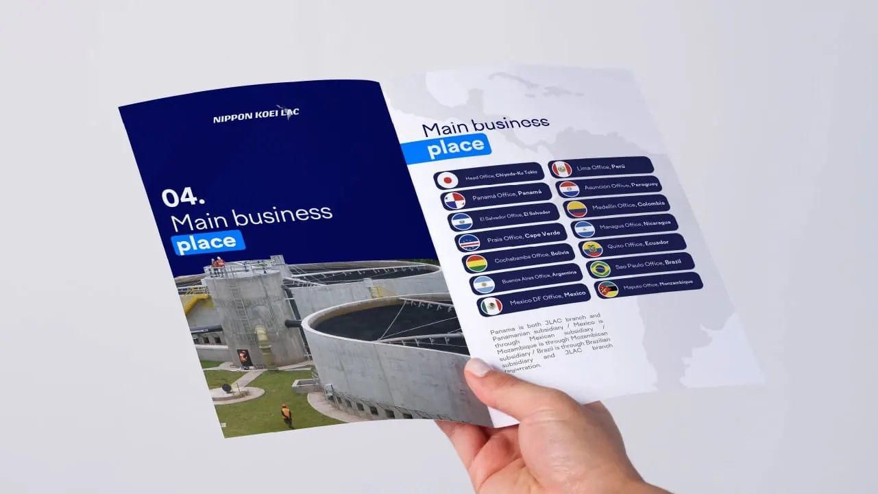 Pieza editorial con la nueva identidad de Nippon Koei LAC