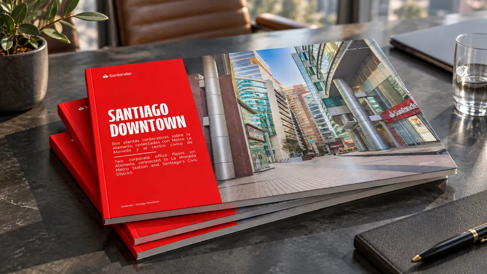 Brochures rojos de Santiago Downtown de Banco Santander sobre un escritorio