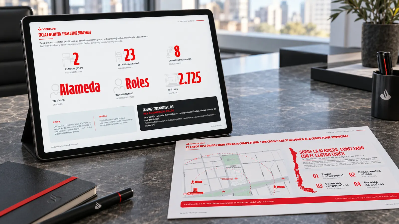 Tablet con la ficha de las oficinas y mapa impreso de la Alameda para Banco Santander