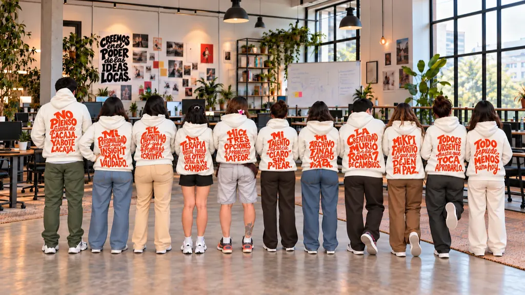 Equipo de Loca Creativa de espaldas en su oficina de Medellín, con sudaderas blancas que llevan frases en naranja sobre la vida en una agencia creativa